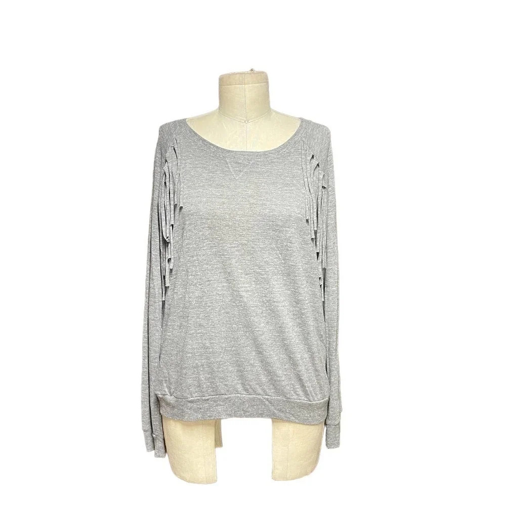 Nation LTD Heather Gray Pullover Fringe Long Sleeve Top Size‎ Small